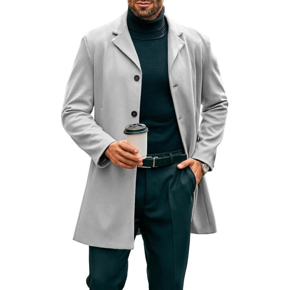 Men's Grey Mid Long Trench Coat Slim Fit Winter Pea Coat